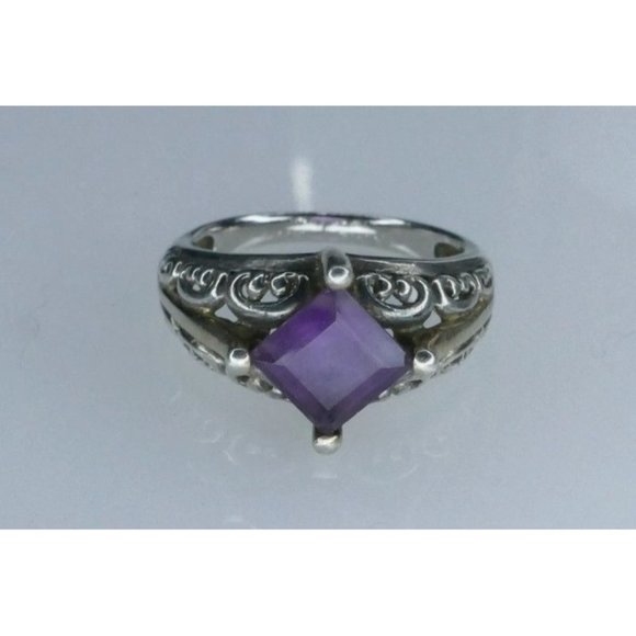 Sterling Silver Ring With Square Amethyst Gemstone & Ornate Filigree Design Size - Picture 7 of 11